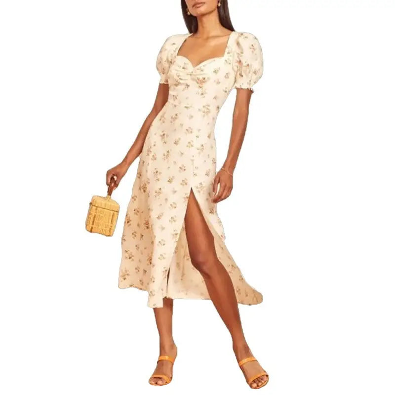 Floral Chiffon Midi Dress with Puff Sleeves