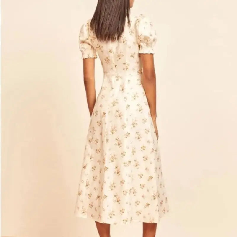 Floral Chiffon Midi Dress with Puff Sleeves