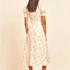 Floral Chiffon Midi Dress with Puff Sleeves