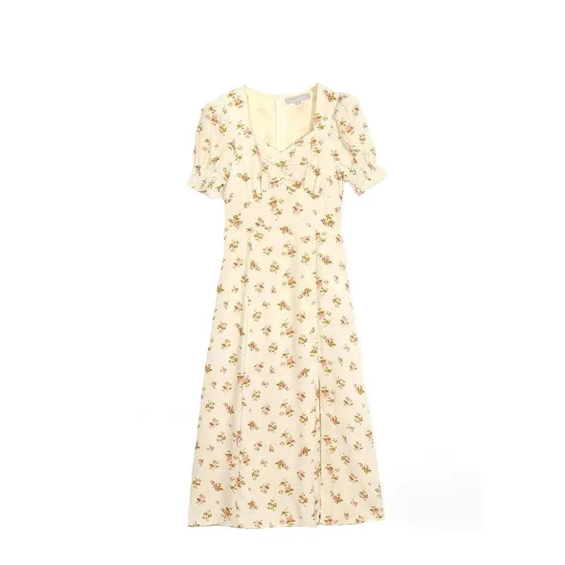Floral Chiffon Midi Dress with Puff Sleeves Beige / S