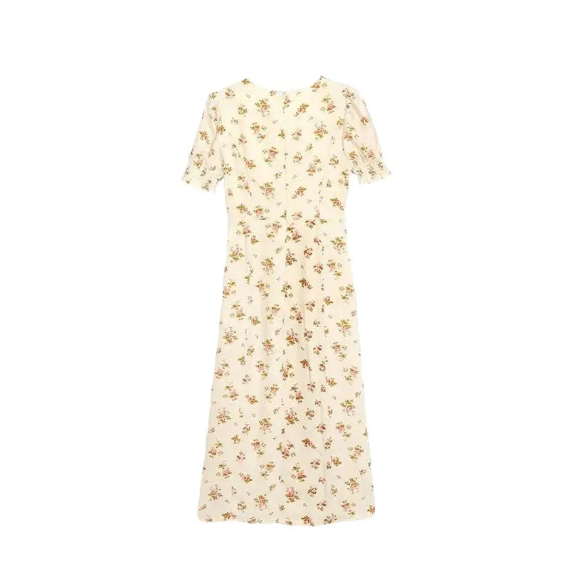 Floral Chiffon Midi Neck Puff Sleeve Dress