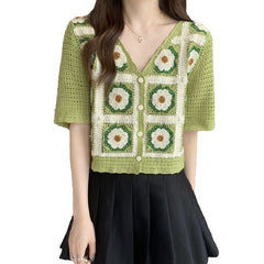 Floral Crochet Knitted Cropped Checked Top - Green / S