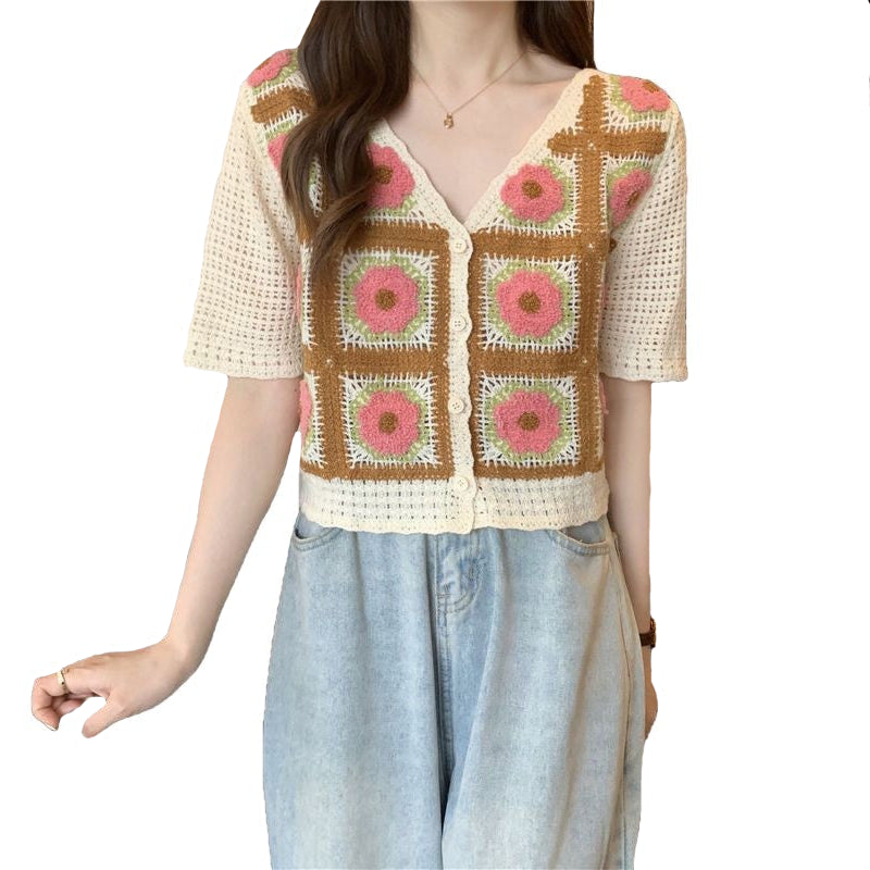 Floral Crochet Knitted Cropped Checked Top