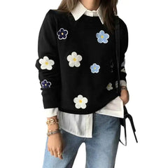 Floral Embroidered O Neck Knitted Sweater