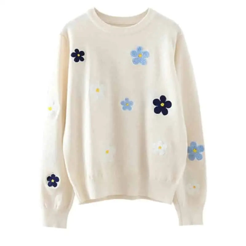 Floral Embroidered O Neck Knitted Sweater