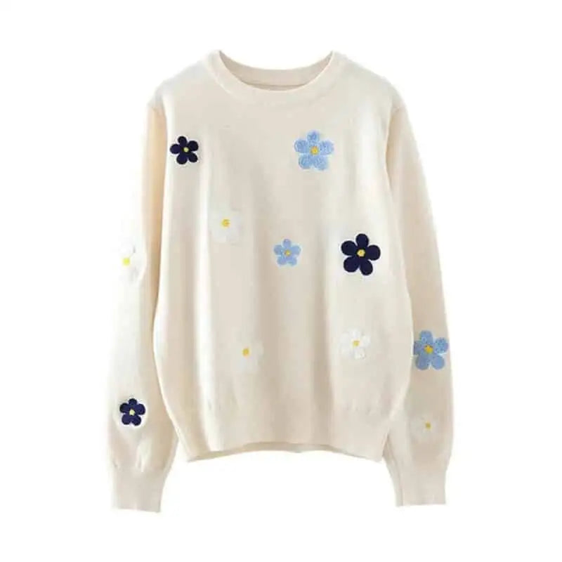 Floral Embroidered O Neck Knitted Sweater - Beige / One Size