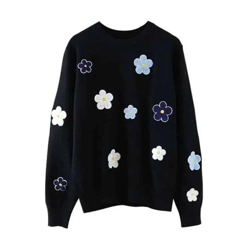 Floral Embroidered O Neck Knitted Sweater - Black / One Size