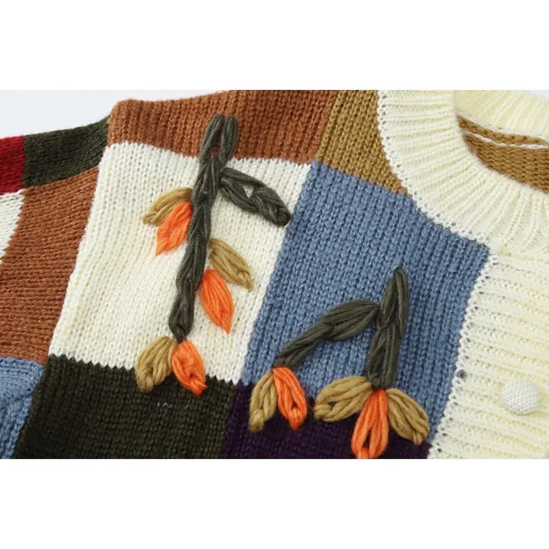 Floral Embroidery Cardigan Plaid Sweater for Women
