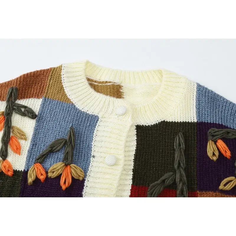 Floral Embroidery Cardigan Plaid Sweater for Women