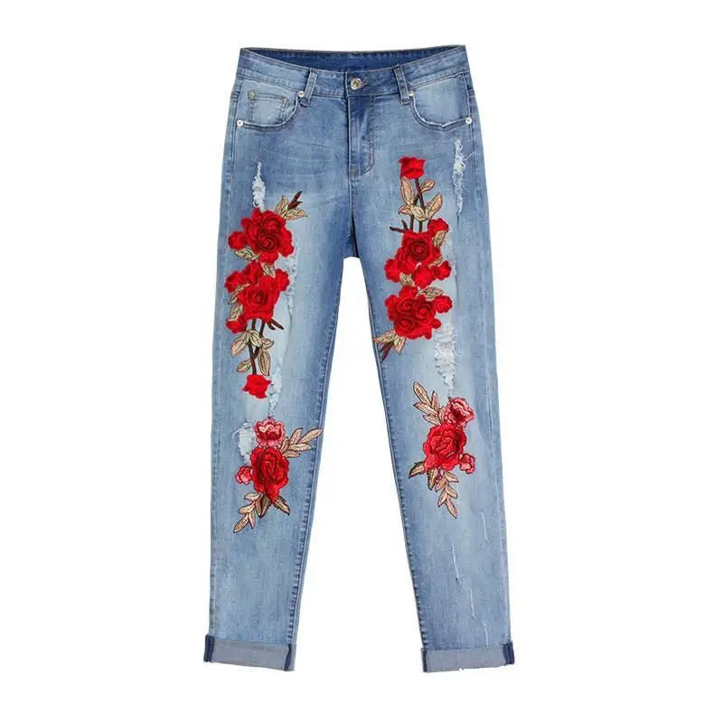 Floral Embroidery High Waisted Slim Jeans Light Blue / S
