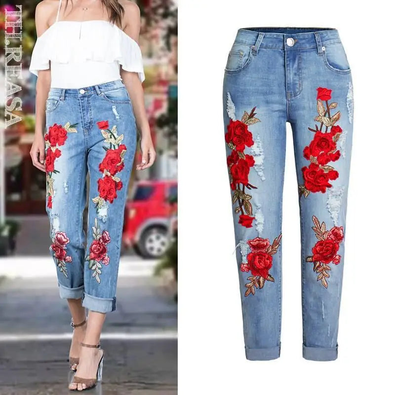 Floral Embroidery High Waisted Slim Jeans