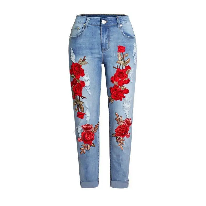 Floral Embroidery High Waisted Slim Jeans