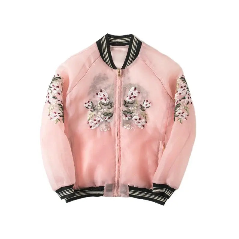Floral Embroidery Perspective Bomber Jacket - Pink / S
