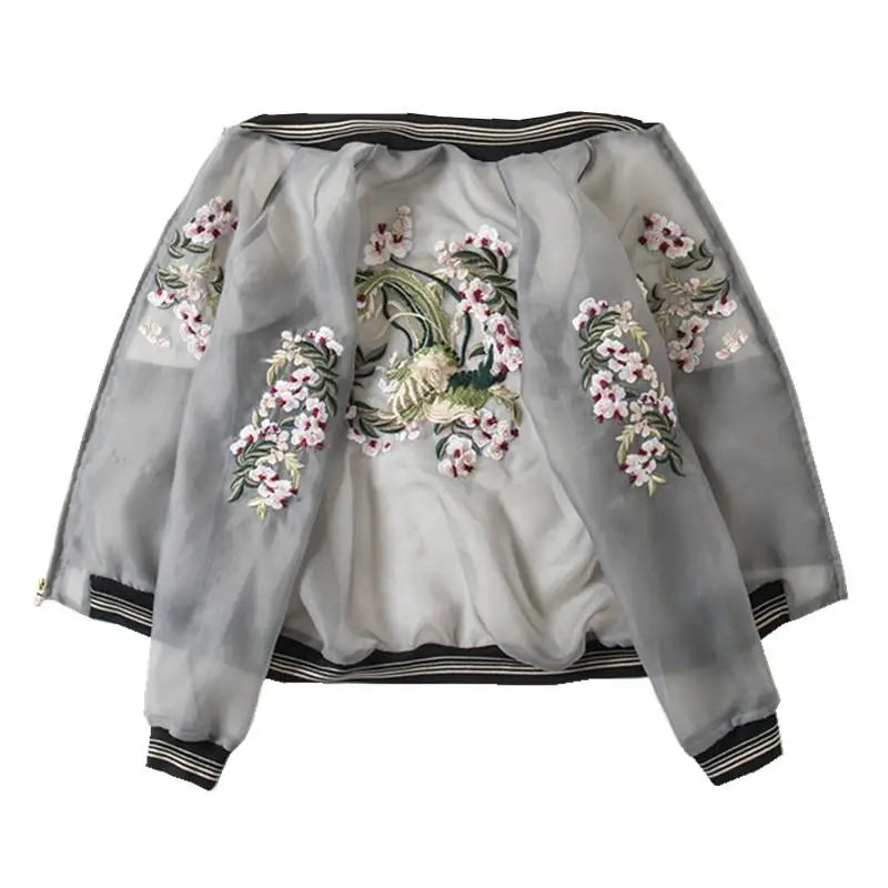 Floral Embroidery Perspective Bomber Jacket Polyester