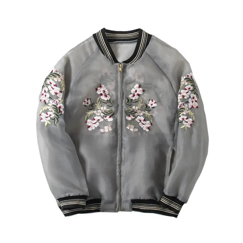Floral Embroidery Perspective Bomber Jacket Polyester