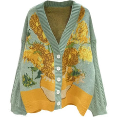 Floral Embroidery V Neck Midi Length Cardigan - Yellow