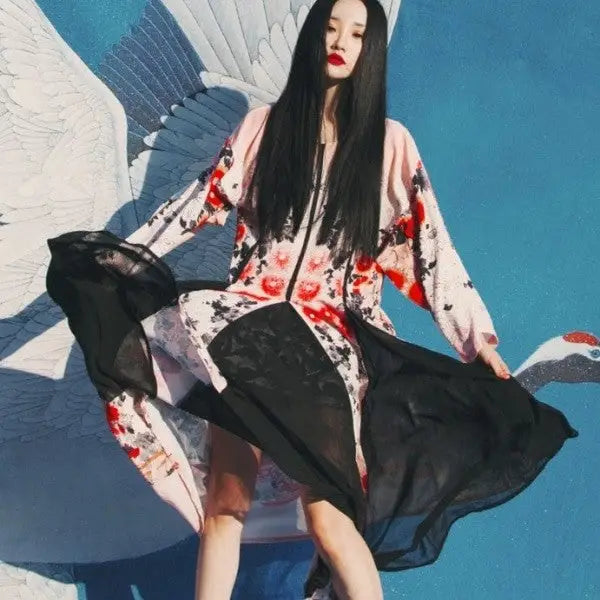 Floral Flowers Blooming Print Japanese Kimono Pink