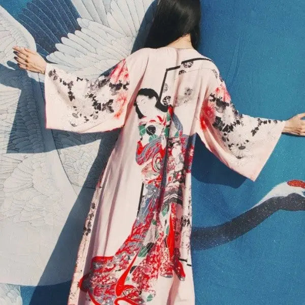 Floral Flowers Blooming Print Japanese Kimono Pink