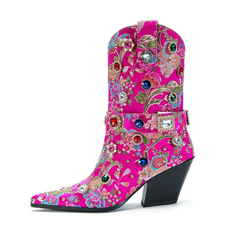Floral Gem Embroidered Mid Calf Western Boots
