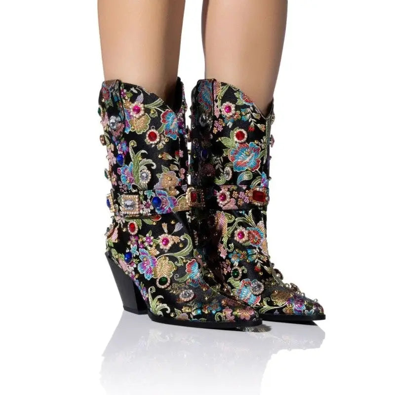Floral Gem Embroidered Mid Calf Western Boots - Black / 35
