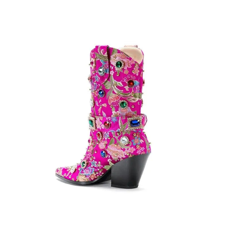 Floral Gem Embroidered Mid Calf Western Boots Euro Size