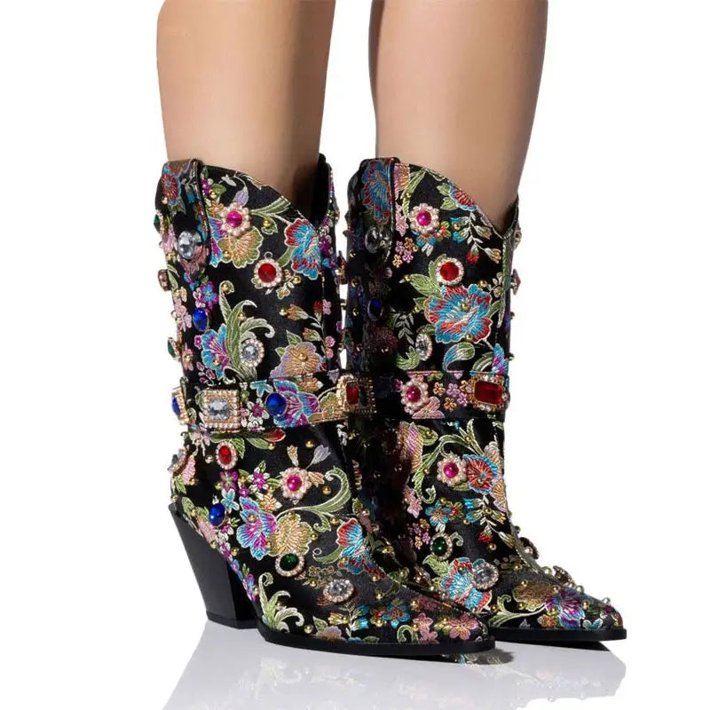 Floral Gem Embroidered Mid Calf Western Boots Euro Size