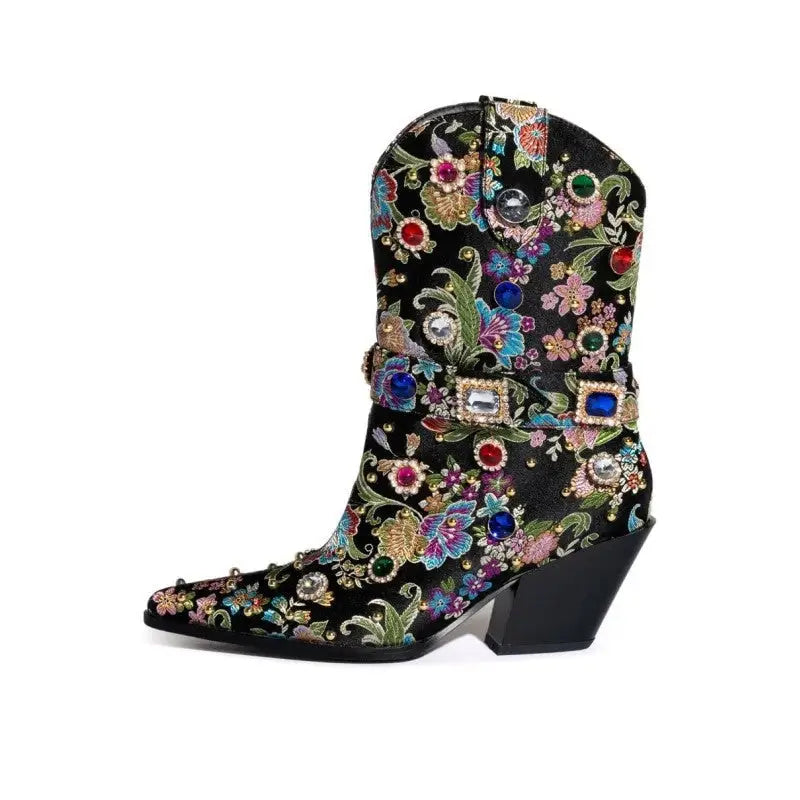 Floral Gem Embroidered Mid Calf Western Boots Euro Size