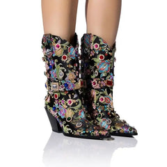 Floral Gem Embroidered Mid Calf Western Boots Euro Size