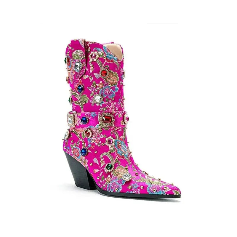 Floral Gem Embroidered Mid Calf Western Boots - Pink / 35