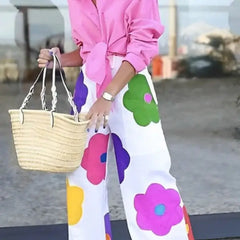 Floral High Waist Loose Wide Leg Pants White / S