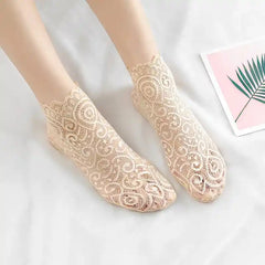 Floral Lace Mesh Cotton Non Slip Socks 01 Khaki