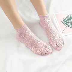 Floral Lace Mesh Cotton Non Slip Socks 01 LightPink