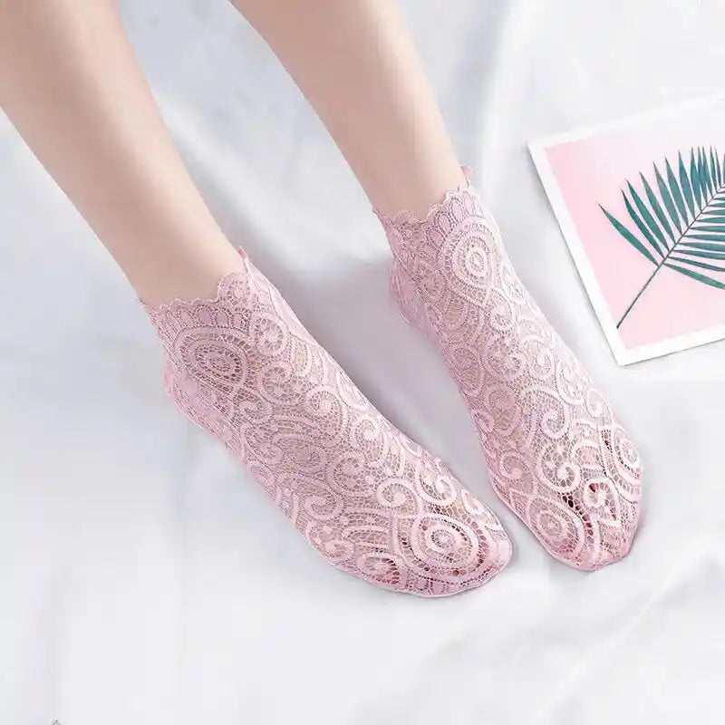 Floral Lace Mesh Cotton Non Slip Socks 01 LightPurple