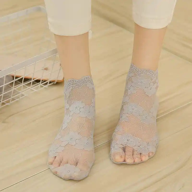 Floral Lace Mesh Cotton Non Slip Socks 02 Gray