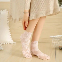 Floral Lace Mesh Cotton Non Slip Socks 02 Pink