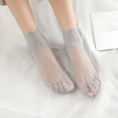 Floral Lace Mesh Cotton Non Slip Socks 03 Gray
