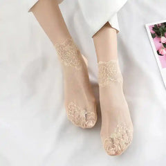 Floral Lace Mesh Cotton Non Slip Socks 03 Khaki