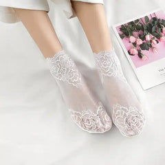 Floral Lace Mesh Cotton Non Slip Socks 03 White