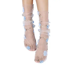 Floral Lace Mesh Socks - Blue-White / One Size