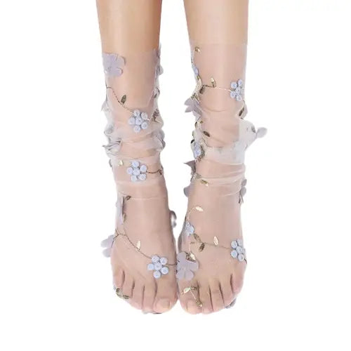 Floral Lace Mesh Socks - Flower-Blue / One Size