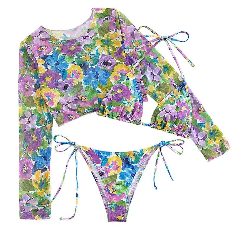 Floral Lace-Up Long Sleeve Swimsuit - Purple-Floral / S