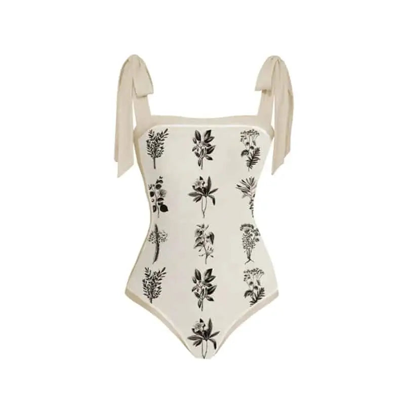 Floral Lace Up One Piece Skirt Swimwear Beige / S