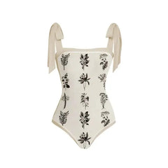 Floral Lace Up One Piece Skirt Swimwear Beige / S