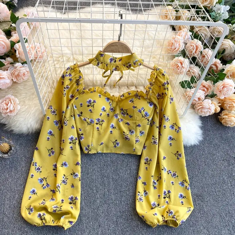 Floral Long Sleeve Backless Crop Top - Yellow / One Size