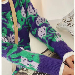 Floral Long Sleeve Oversize Sweater for Women Blue-Green