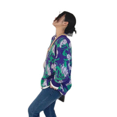 Floral Long Sleeve Oversize Sweater for Women Blue-Green