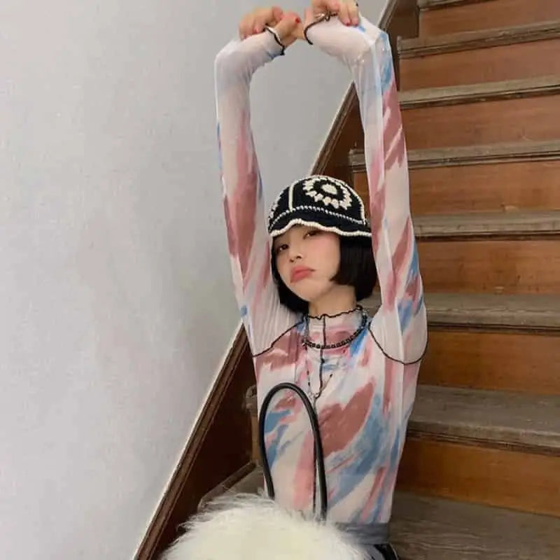 Floral Mesh Translucent Blouse Long Sleeve Top