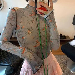 Floral Mesh Translucent Blouse Long Sleeve Top