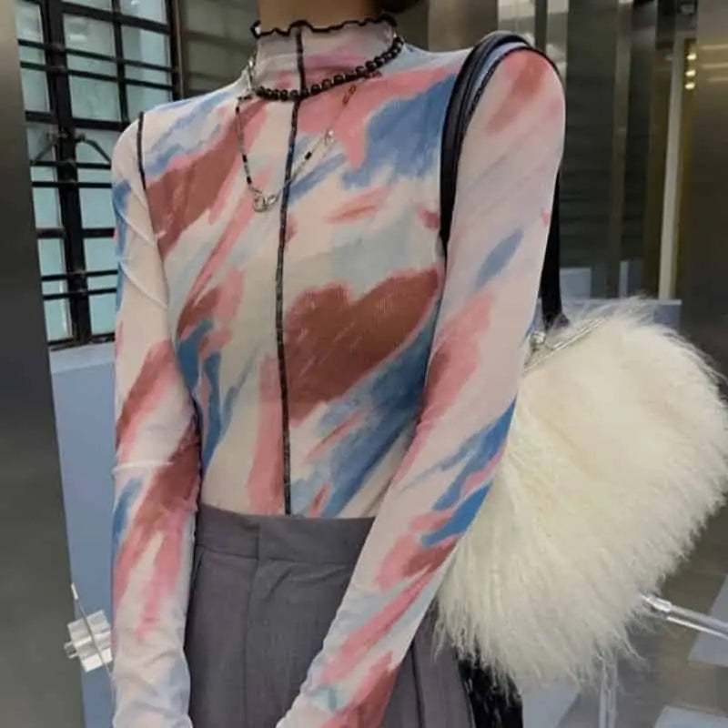 Floral Mesh Translucent Blouse Long Sleeve Top