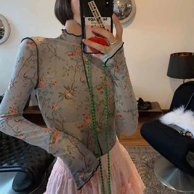 Floral Mesh Translucent Blouse Long Sleeve Top Blue